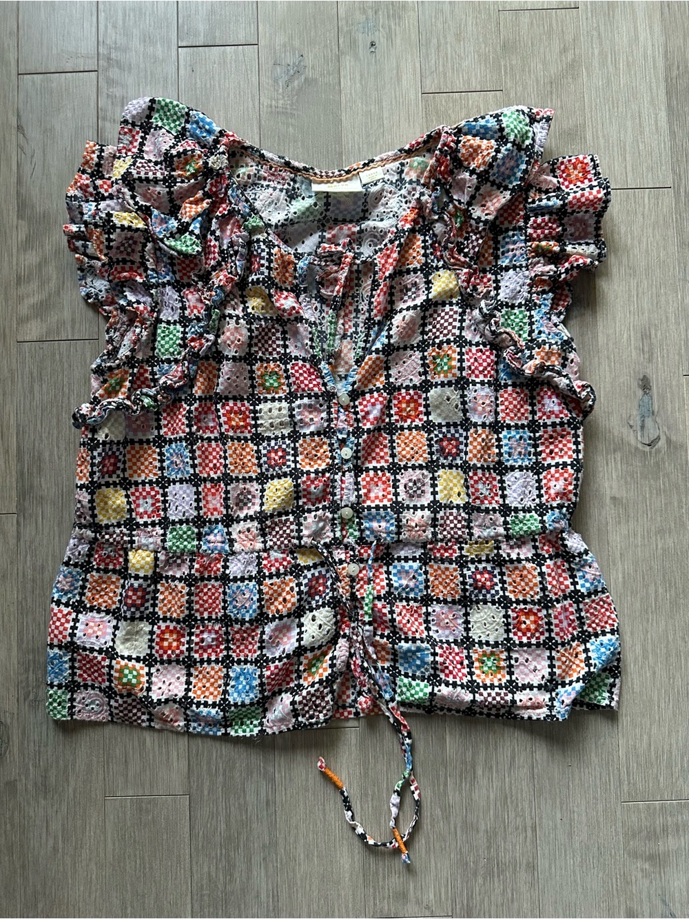 Maeve Anthropologie 100% Cotton Multicolor Crochet-Print Ruffle Tie Blouse Large - Picture 6 of 8
